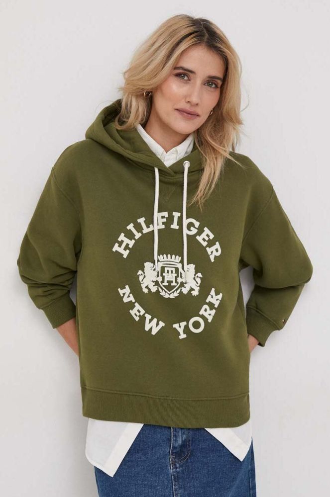 Кофта Tommy Hilfiger жіноча колір зелений з капюшоном з принтом
