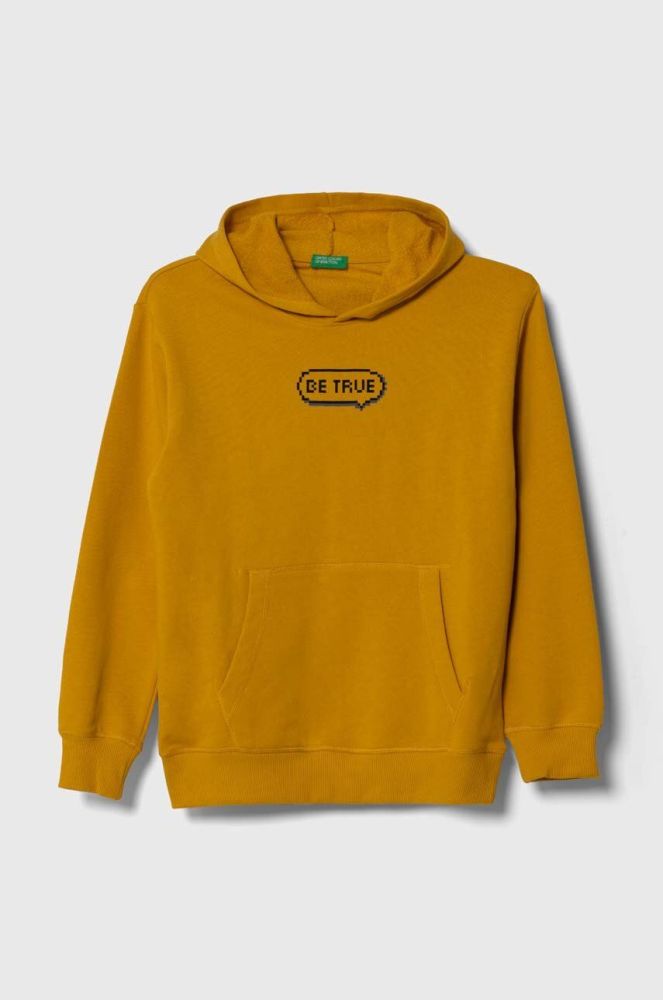 Дитяча бавовняна кофта United Colors of Benetton колір жовтий з капюшоном з принтом