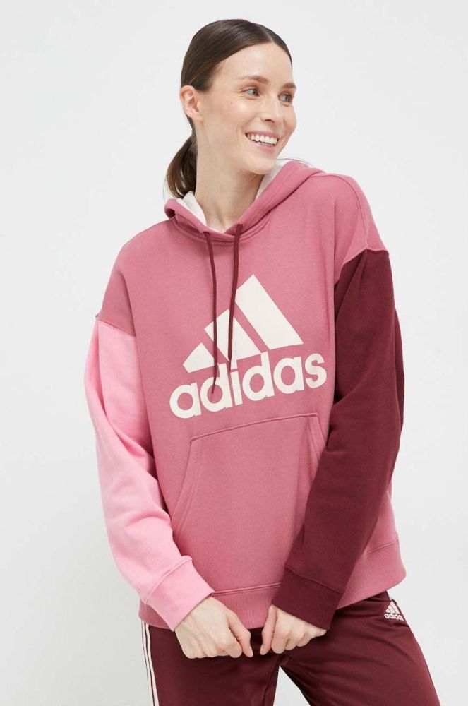 Бавовняна кофта adidas жіноча колір рожевий з капюшоном візерунок