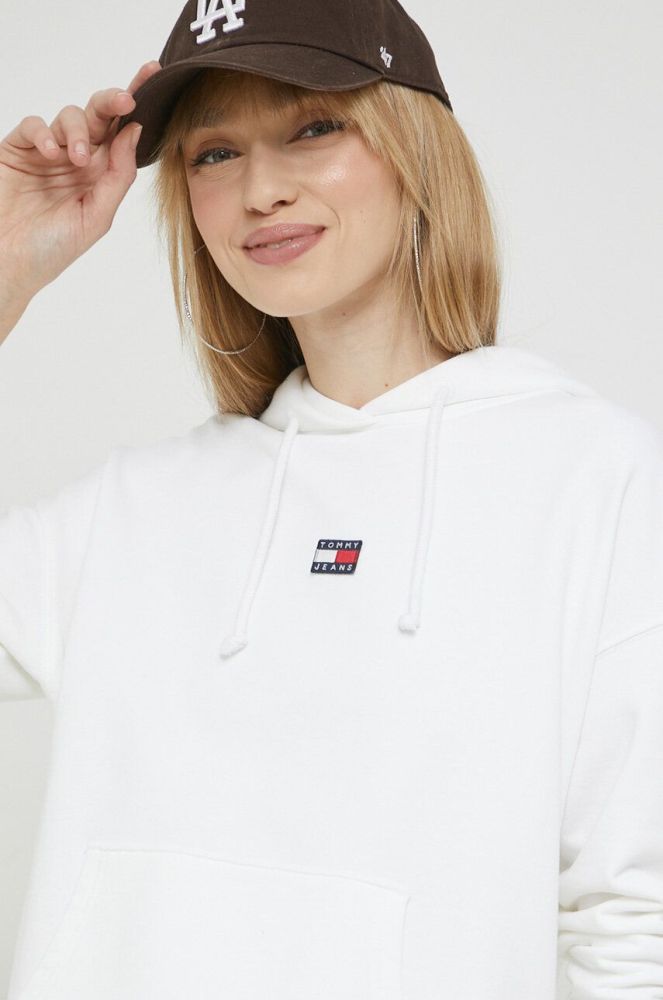 Бавовняна кофта Tommy Jeans жіноча колір білий з капюшоном з аплікацією