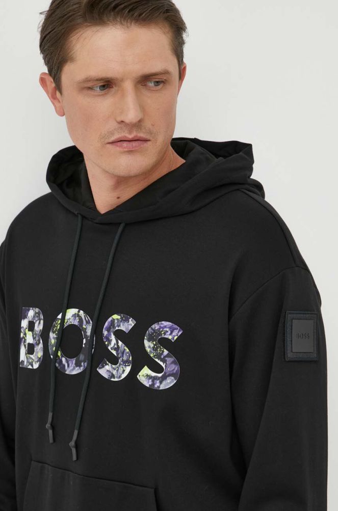 Бавовняна кофта BOSS BOSS GREEN чоловіча колір чорний з капюшоном з принтом