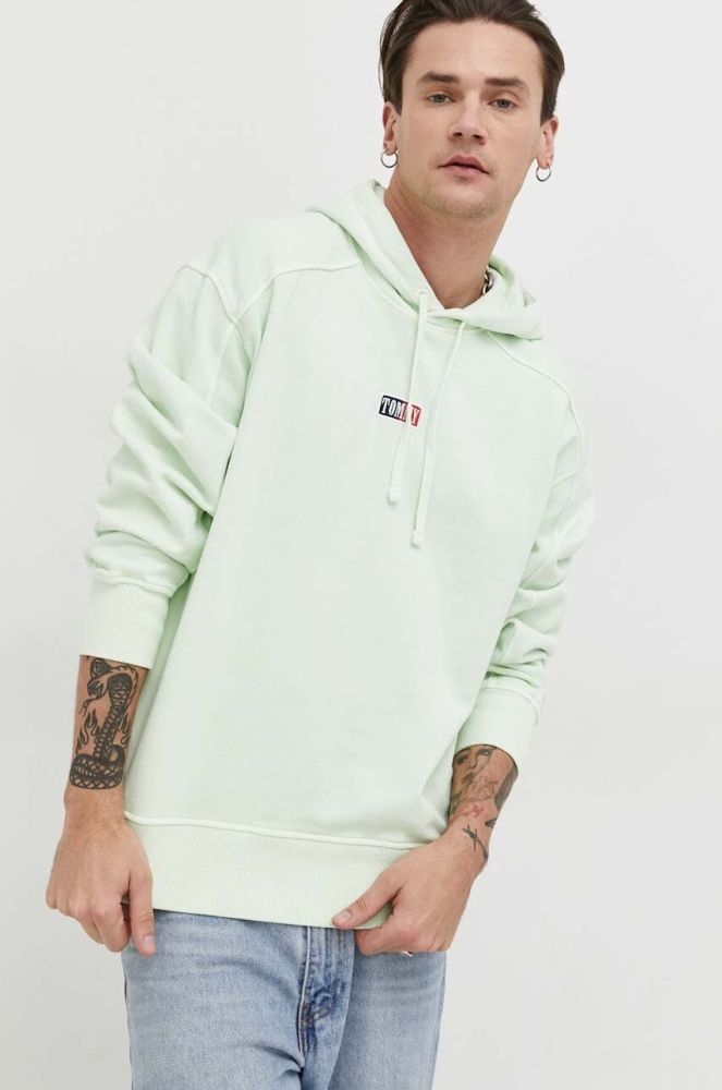 Бавовняна кофта Tommy Jeans чоловіча колір зелений з капюшоном однотонна