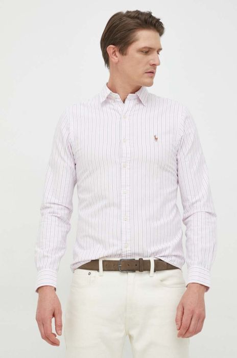 Бавовняна сорочка Polo Ralph Lauren чоловіча колір рожевий slim комір button-down (2850878)
